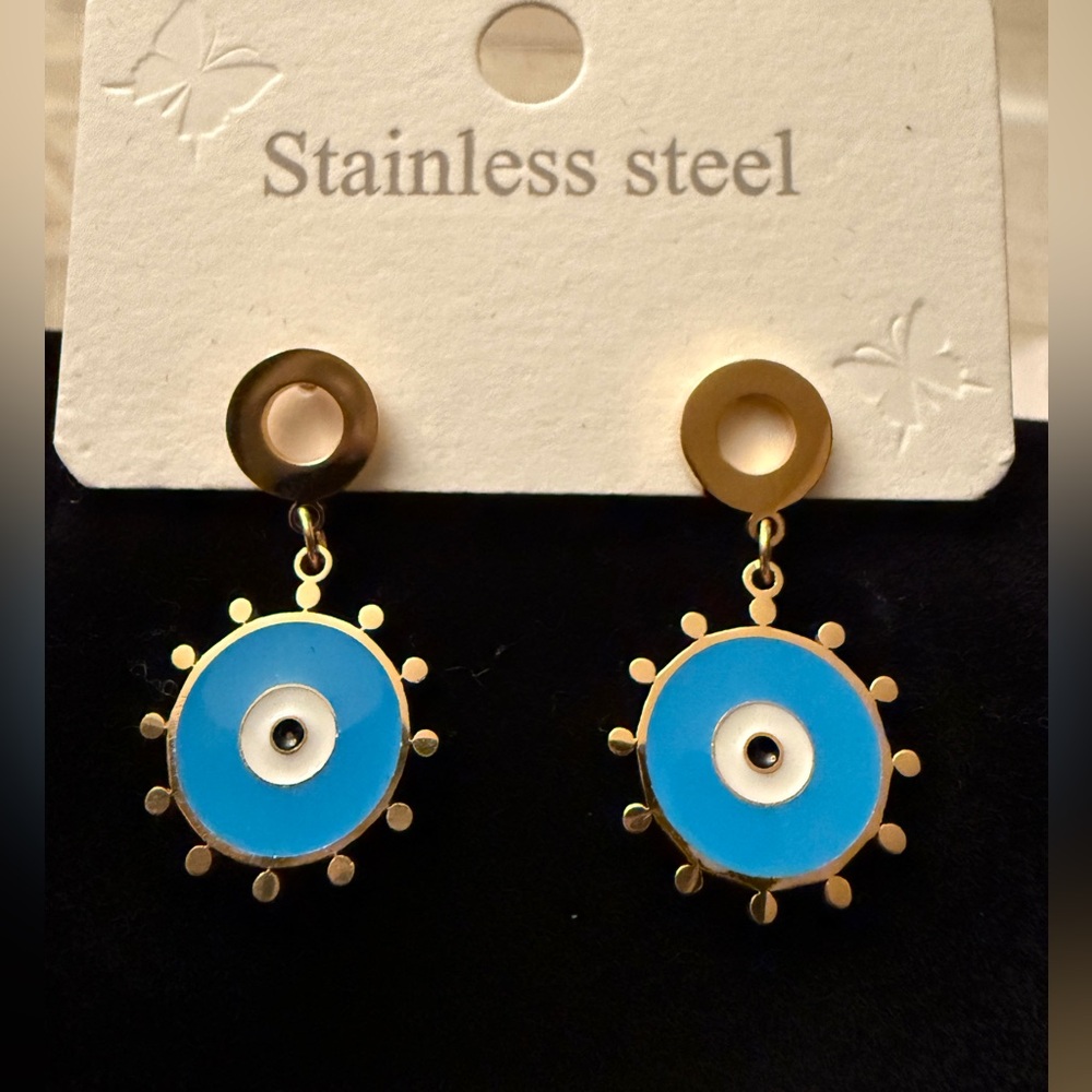 NEW Gold and Blue Evil Eye Earrings
